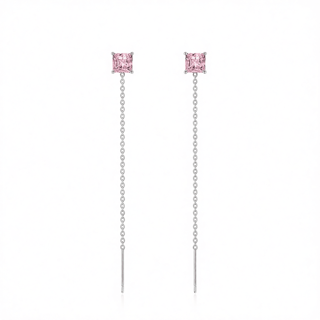 Pink Crystal and Silvertone Cube Threader Earrings, everyday style, side view