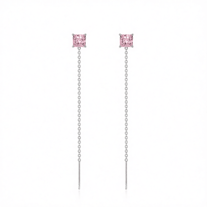 Pink Crystal and Silvertone Cube Threader Earrings, everyday style, side view