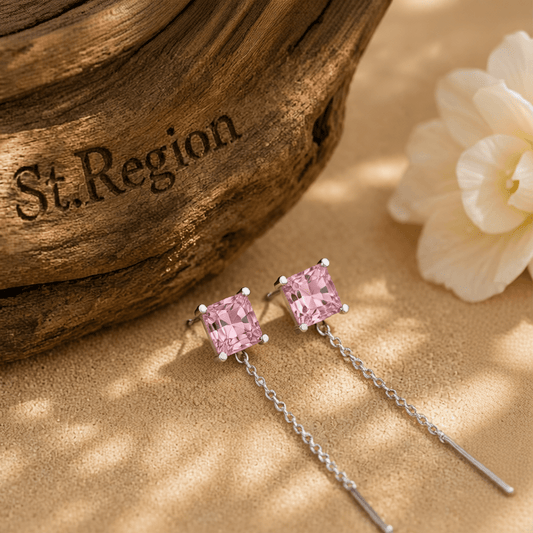 Pink Crystal & Silvertone Cube Threader Earrings