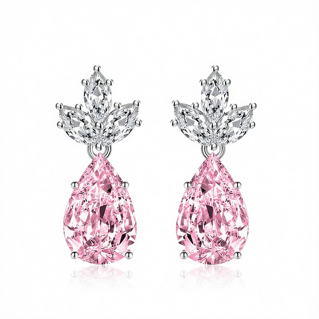 Pink Crystal and Silvertone Pineapple Drop Earrings, silver drop earrings for women, elegant gift for her, side view
