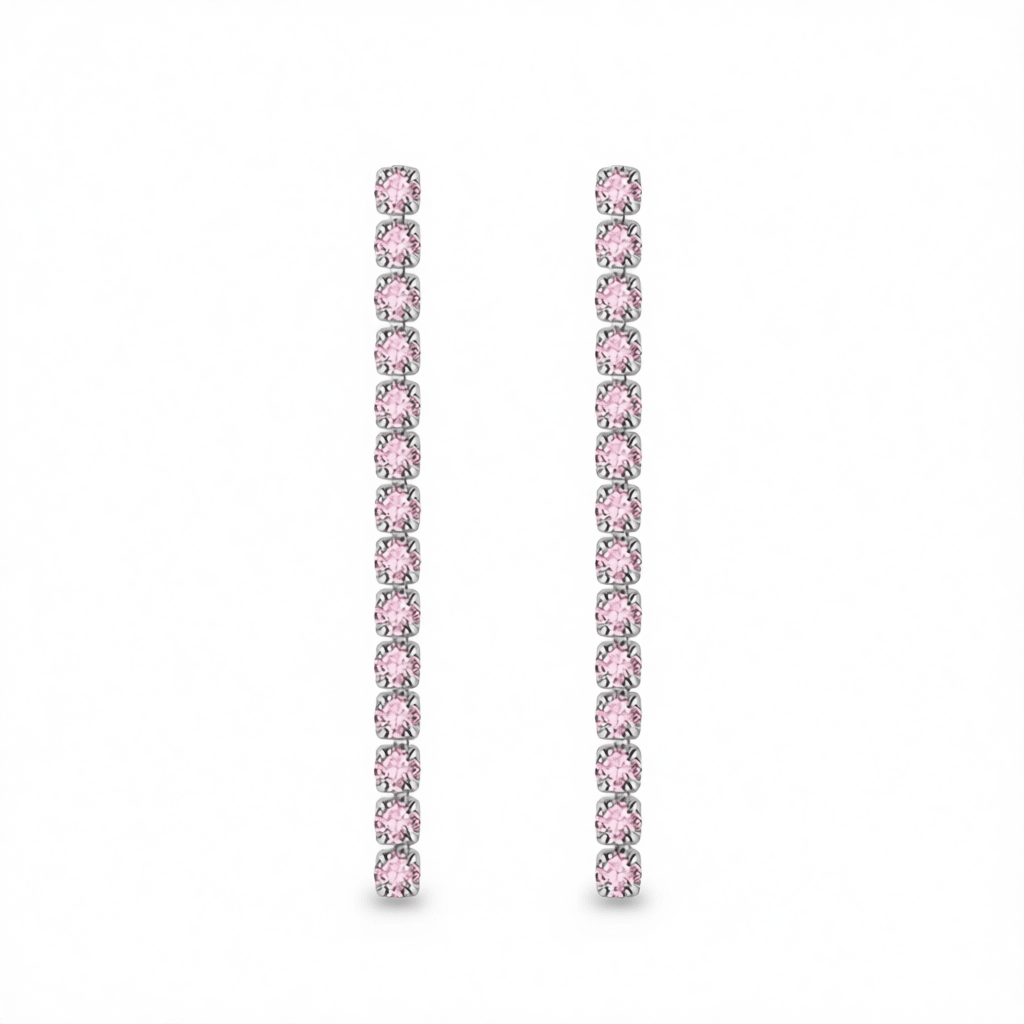 Pink Cubic Zirconia and Silvertone Tassel Drop Earrings, silver drop earrings for women, dainty minimalist design, side view