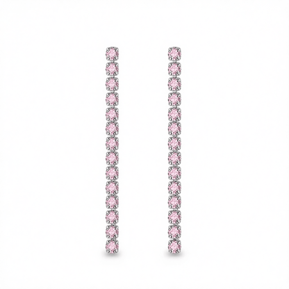 Pink Cubic Zirconia and Silvertone Tassel Drop Earrings, silver drop earrings for women, dainty minimalist design, side view