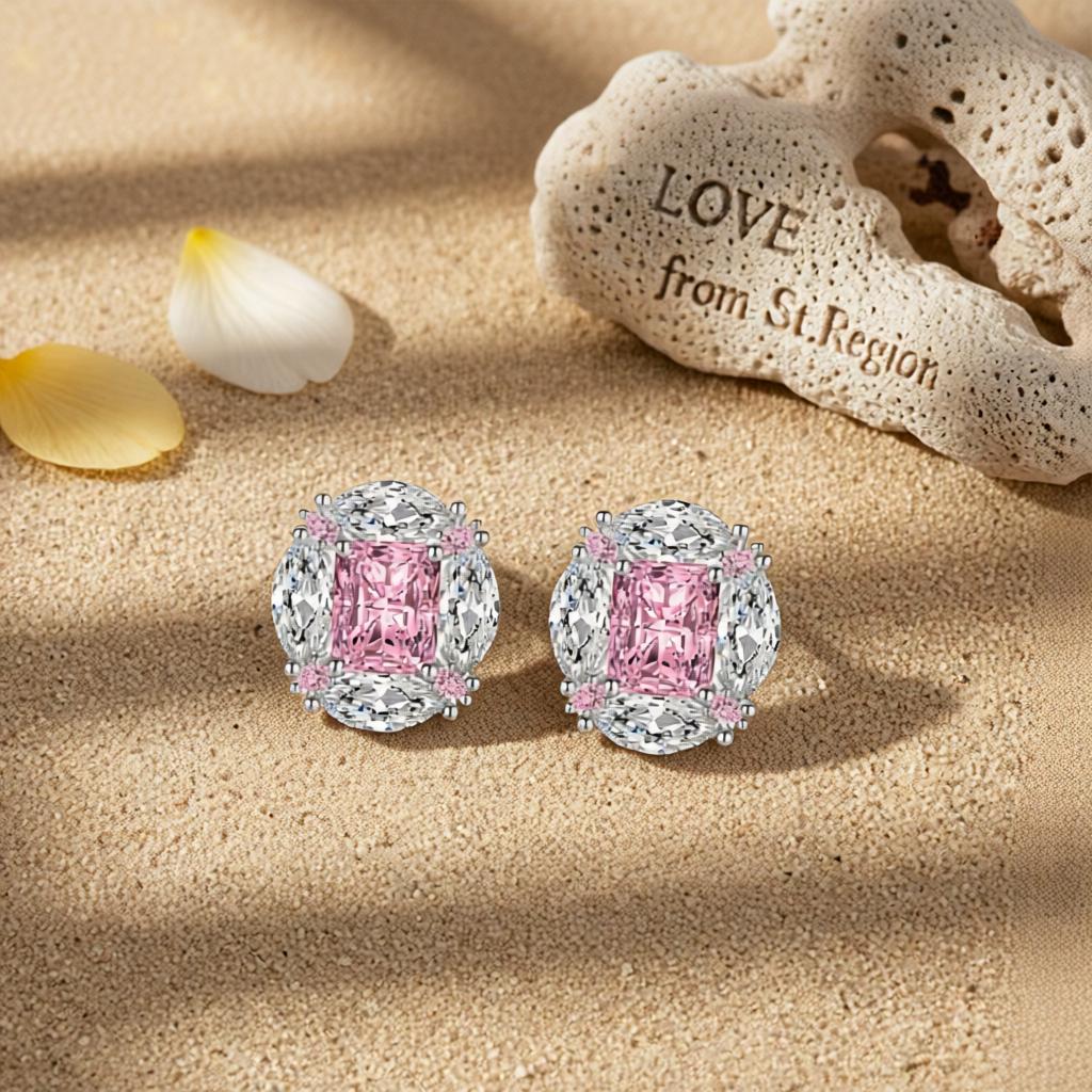 Pink Radiant and Marquise Crystal Silvertone Oval Stud Earrings, cubic zirconia stud earrings for women, lifestyle look