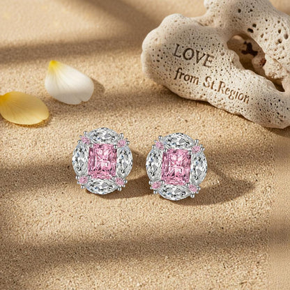Pink Radiant and Marquise Crystal Silvertone Oval Stud Earrings, cubic zirconia stud earrings for women, lifestyle look