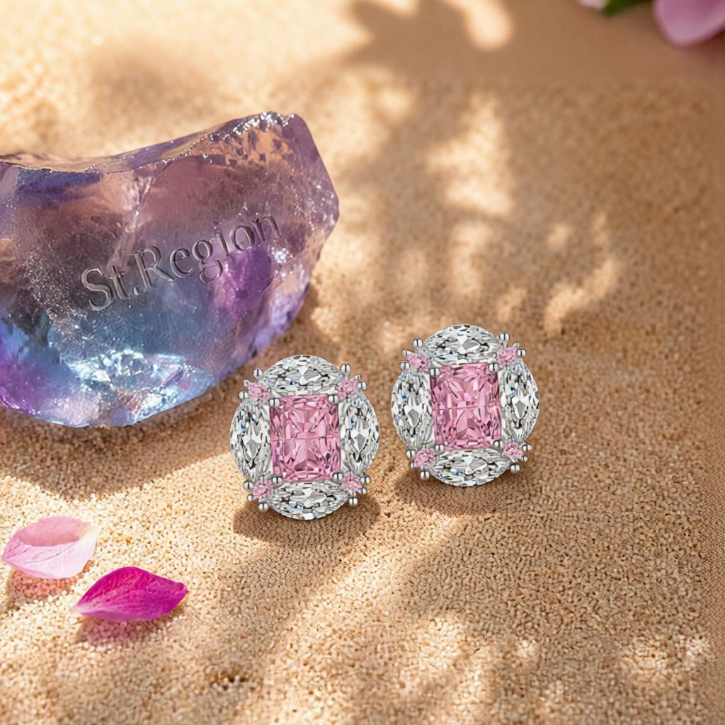 Pink Radiant and Marquise Crystal Silvertone Oval Stud Earrings, cubic zirconia stud earrings for women, detail close-up