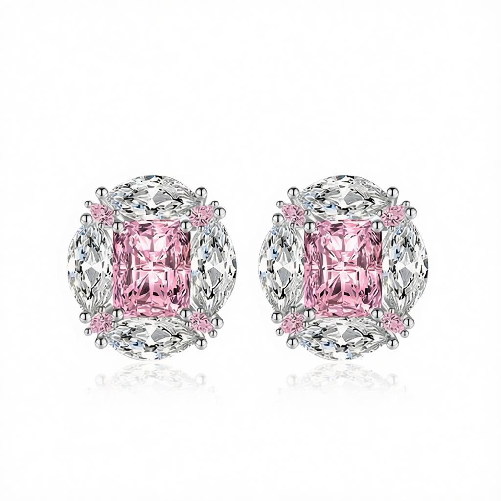 Pink Radiant and Marquise Crystal Silvertone Oval Stud Earrings, cubic zirconia stud earrings for women, side view