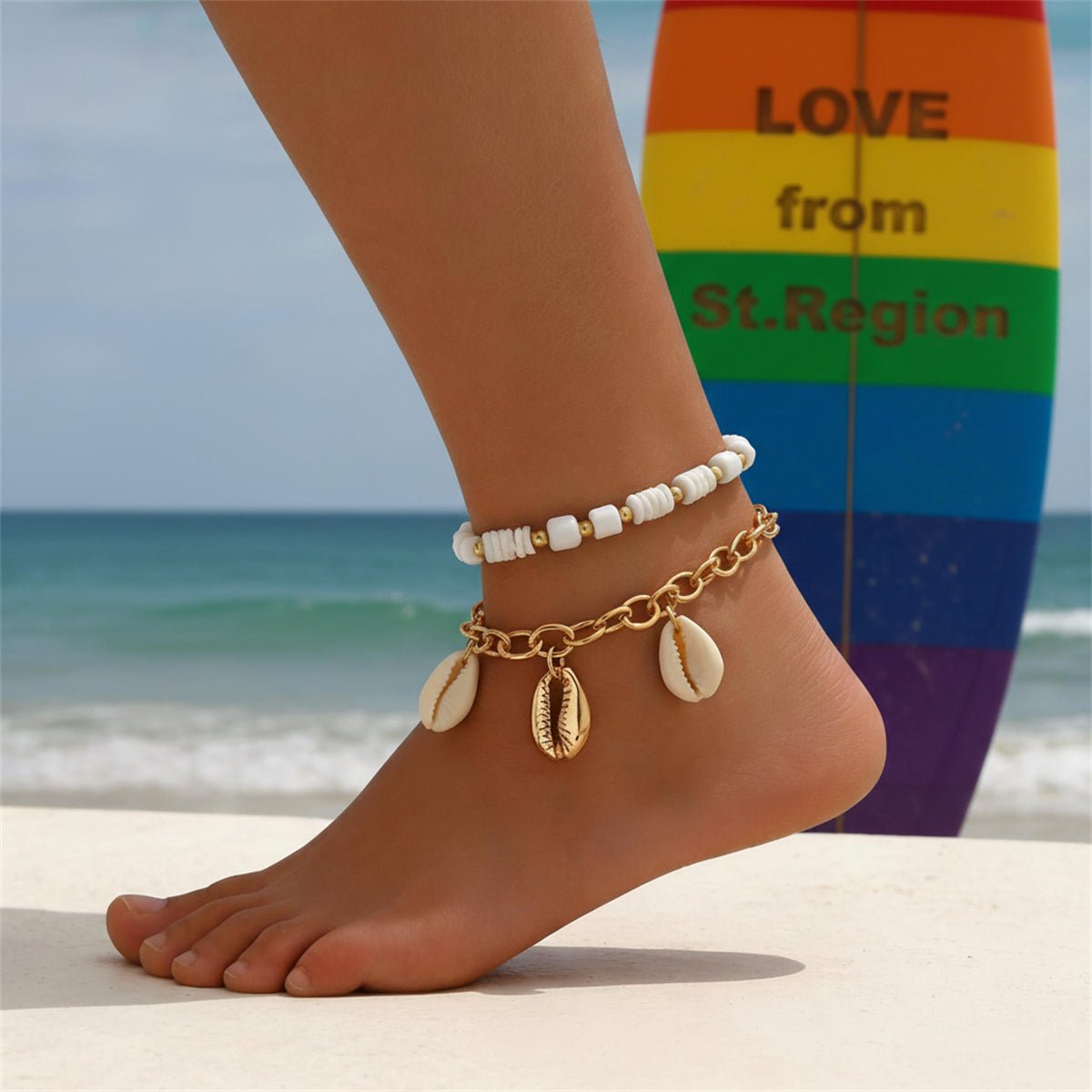 Polymer Clay & Shell Acrylic Goldtone Stretch Anklet Set - Street Region