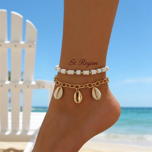 Polymer Clay & Shell Acrylic Goldtone Stretch Anklet Set - Street Region