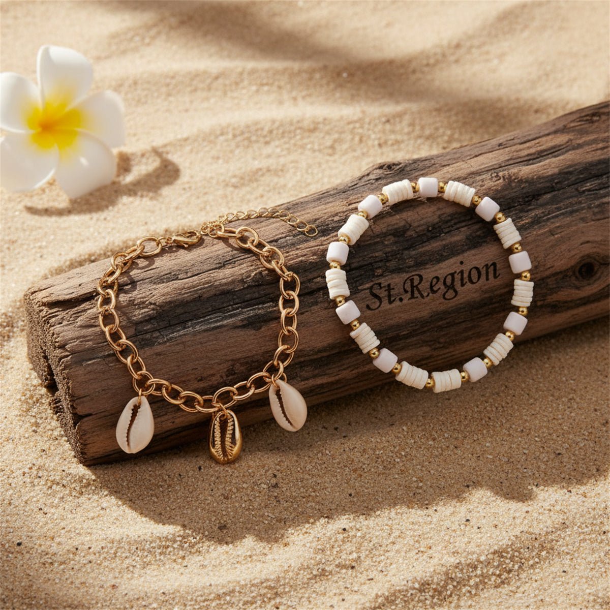 Polymer Clay & Shell Acrylic Goldtone Stretch Anklet Set - Street Region
