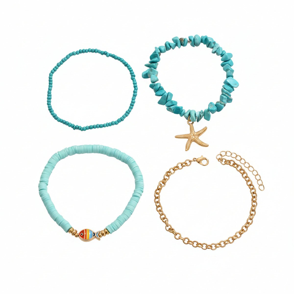 Polymer Clay & Turqouise Enamel Goldtone Fish Charm Stretch Anklet Set - Street Region
