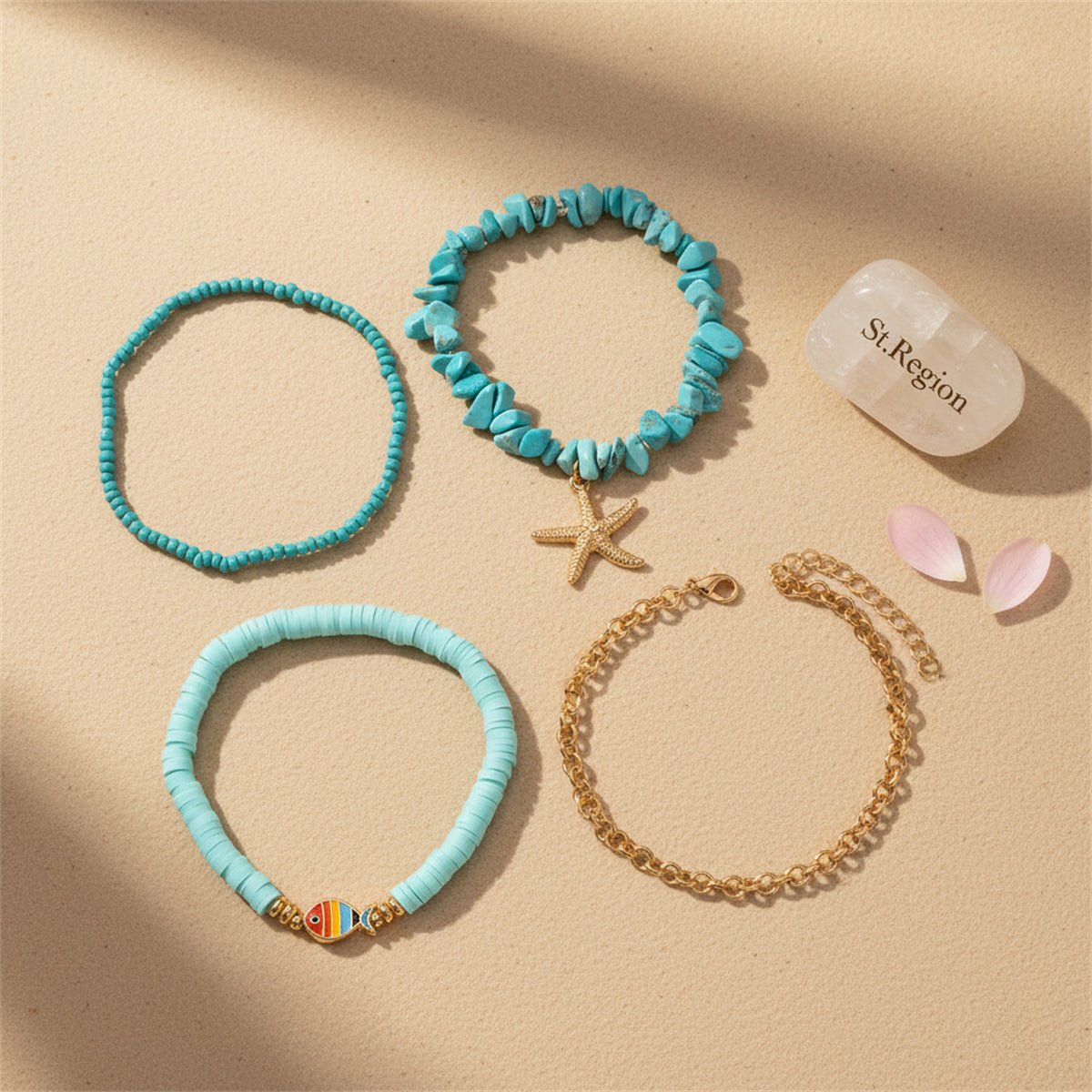 Polymer Clay & Turqouise Enamel Goldtone Fish Charm Stretch Anklet Set - Street Region