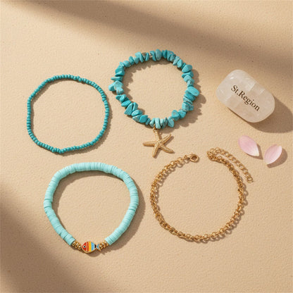 Polymer Clay & Turqouise Enamel Goldtone Fish Charm Stretch Anklet Set - Street Region