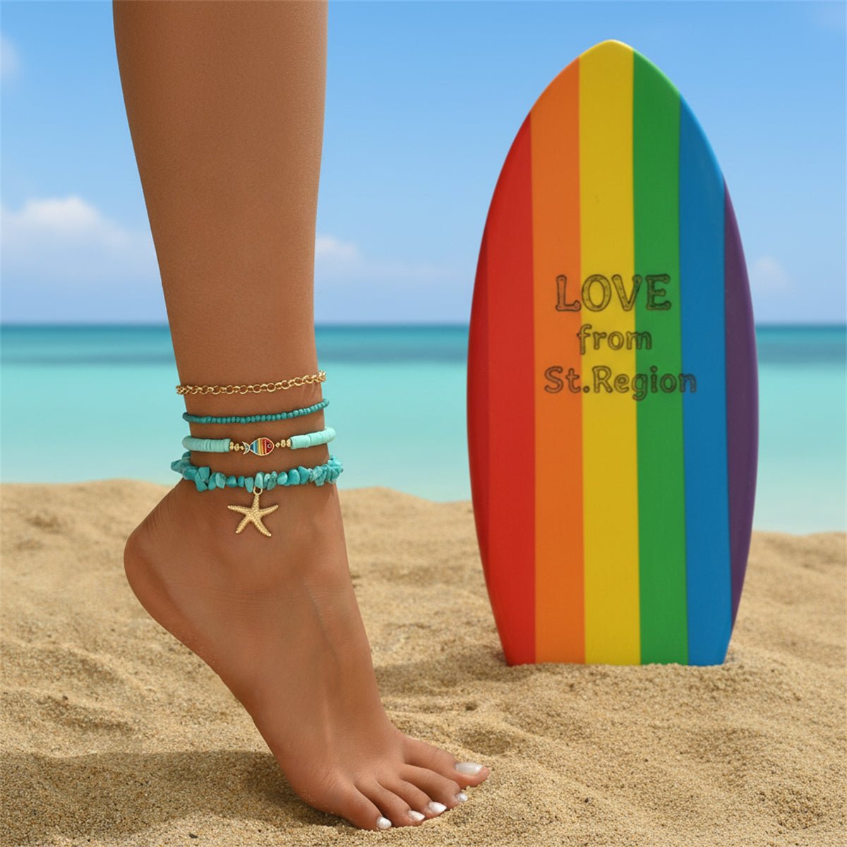 Polymer Clay & Turqouise Enamel Goldtone Fish Charm Stretch Anklet Set - Street Region