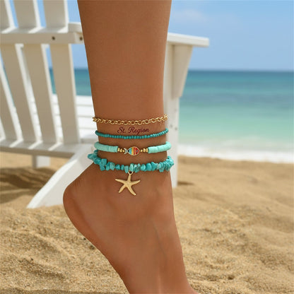 Polymer Clay & Turqouise Enamel Goldtone Fish Charm Stretch Anklet Set - Street Region