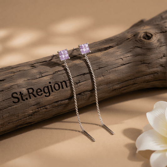 Purple Crystal & Silvertone Cube Threader Earrings