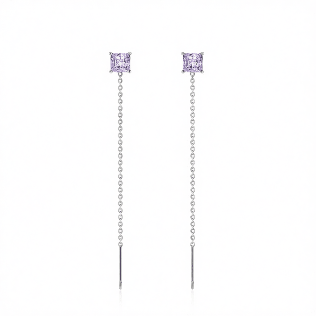 Purple Crystal and Silvertone Cube Threader Earrings, dainty minimalist design, side view