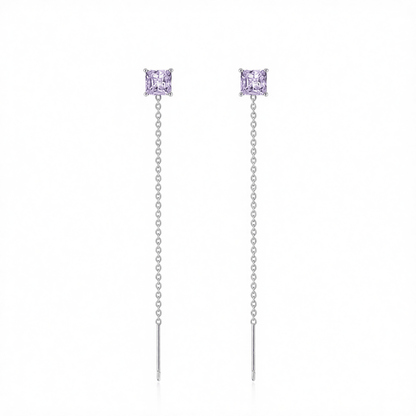 Purple Crystal and Silvertone Cube Threader Earrings, dainty minimalist design, side view