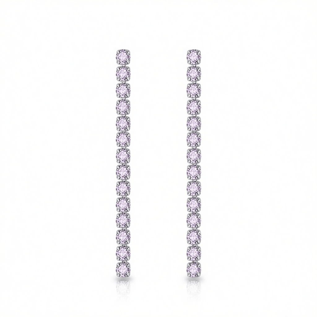 Purple Cubic Zirconia and Silvertone Tassel Drop Earrings, silver drop earrings for women, vintage-inspired design, side view