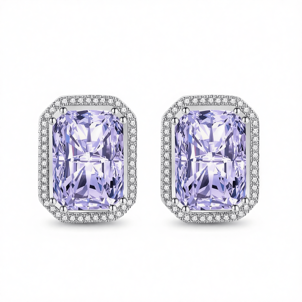 Purple Radiant Crystal and Cubic Zirconia Silvertone Halo Stud Earrings, cubic zirconia stud earrings for women, side view