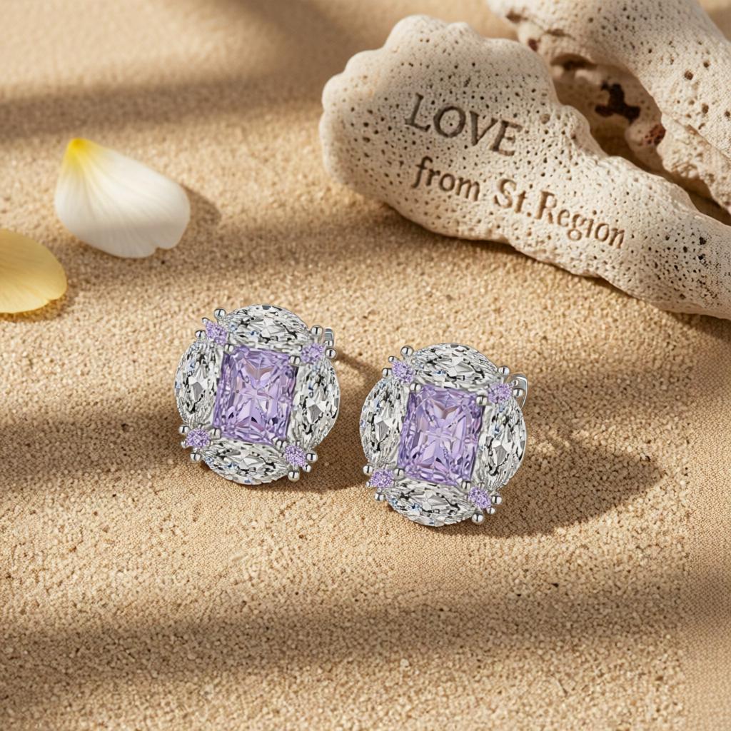 Purple Radiant and Marquise Crystal Silvertone Oval Stud Earrings, cubic zirconia stud earrings for women, lifestyle look