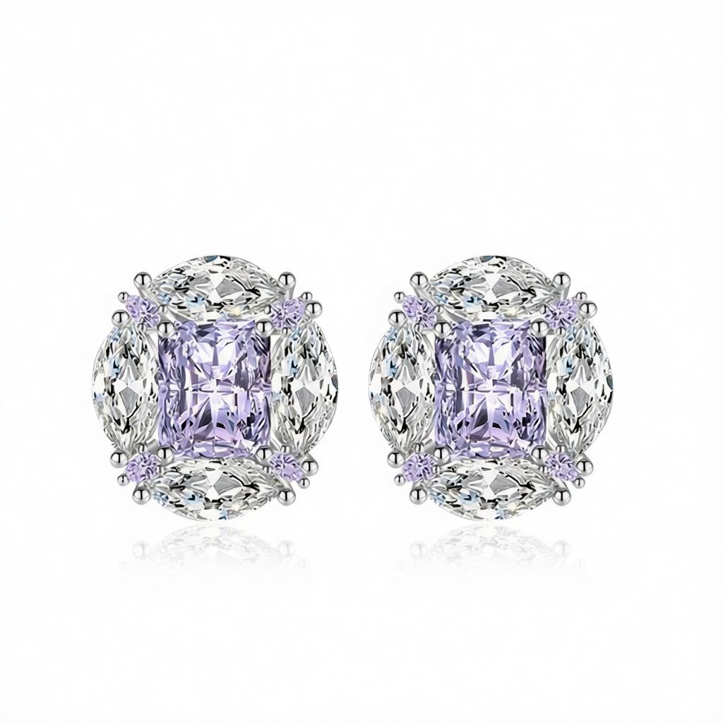 Purple Radiant and Marquise Crystal Silvertone Oval Stud Earrings, cubic zirconia stud earrings for women, side view