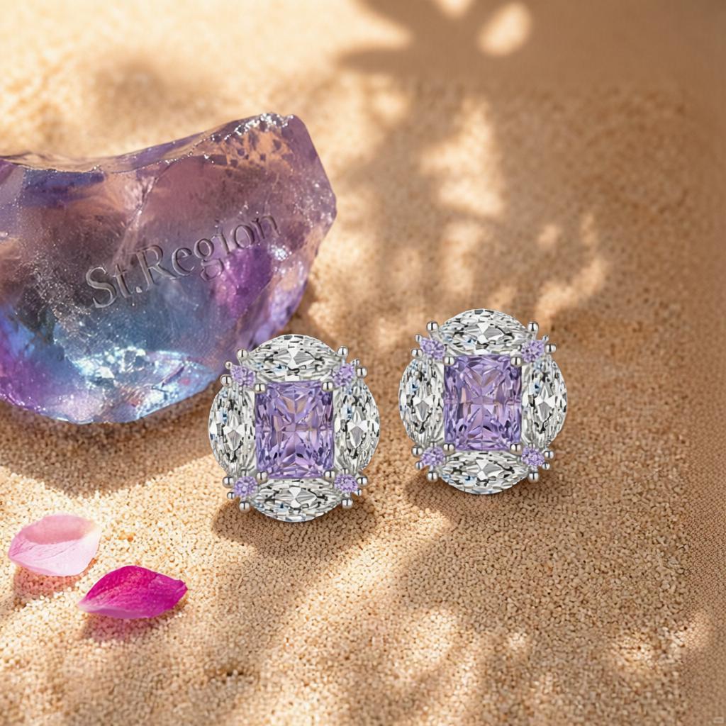 Purple Radiant and Marquise Crystal Silvertone Oval Stud Earrings, cubic zirconia stud earrings for women, detail close-up