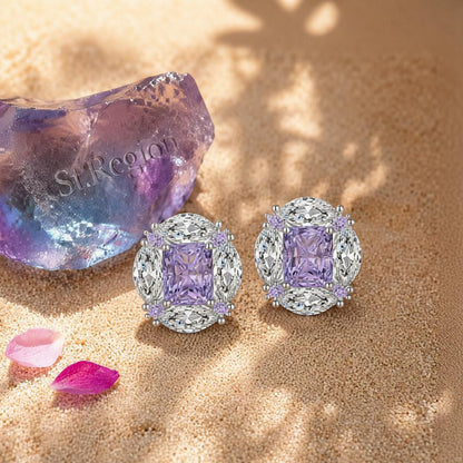 Purple Radiant and Marquise Crystal Silvertone Oval Stud Earrings, cubic zirconia stud earrings for women, detail close-up