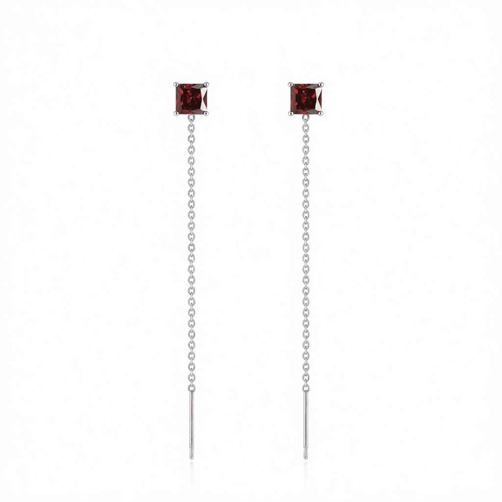 Red Crystal and Silvertone Cube Threader Earrings, elegant gift for her, side view