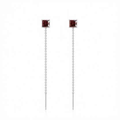 Red Crystal and Silvertone Cube Threader Earrings, elegant gift for her, side view
