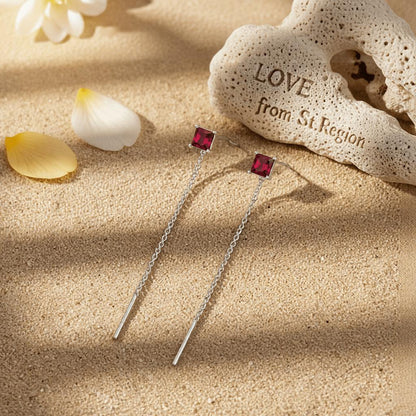 Red Crystal and Silvertone Cube Threader Earrings, elegant gift for her, lifestyle look