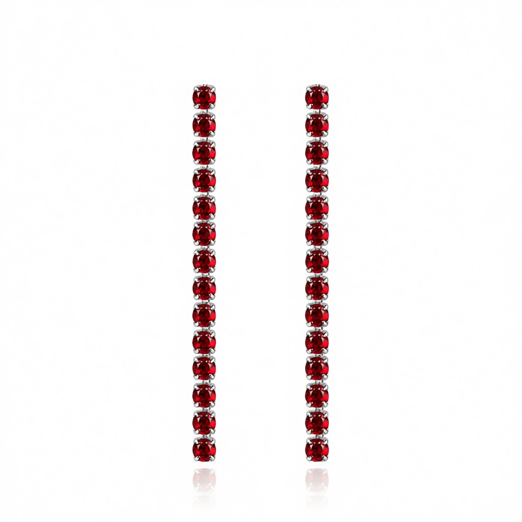Red Cubic Zirconia and Silvertone Tassel Drop Earrings, silver drop earrings for women, vintage-inspired design, side view