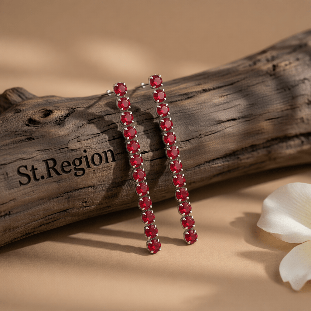 Red Cubic Zirconia and Silvertone Tassel Drop Earrings, silver drop earrings for women, vintage-inspired design, front view