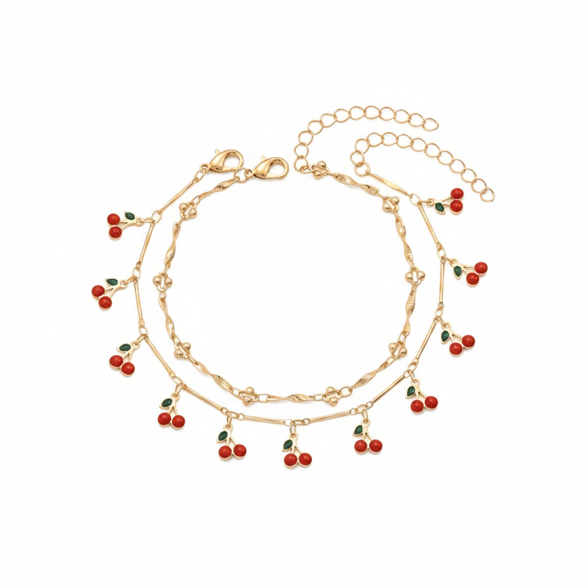 Red Enamel & Goldtone Cherry Tassel Anklet Set - Street Region