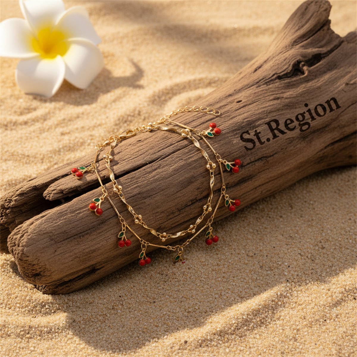 Red Enamel & Goldtone Cherry Tassel Anklet Set - Street Region