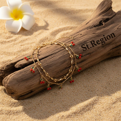 Red Enamel & Goldtone Cherry Tassel Anklet Set - Street Region