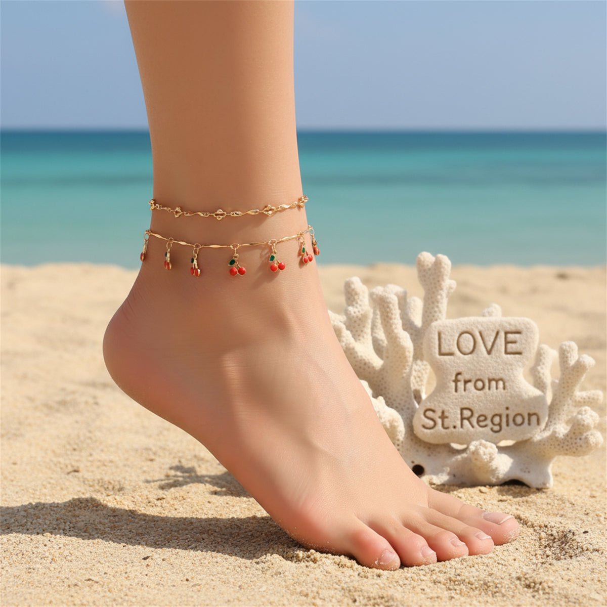 Red Enamel & Goldtone Cherry Tassel Anklet Set - Street Region