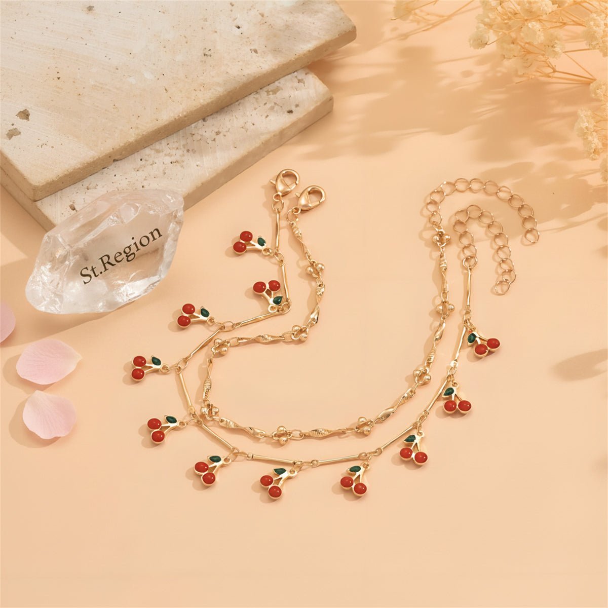 Red Enamel & Goldtone Cherry Tassel Anklet Set - Street Region