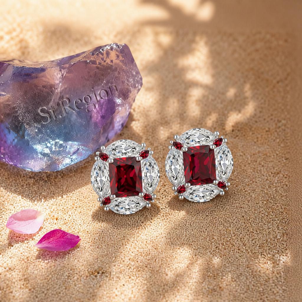 Red Radiant and Marquise Crystal Silvertone Oval Stud Earrings, cubic zirconia stud earrings for women, detail close-up