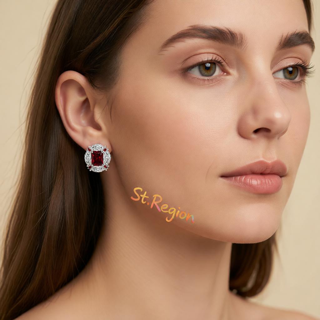 Red Radiant and Marquise Crystal Silvertone Oval Stud Earrings, cubic zirconia stud earrings for women, styled look