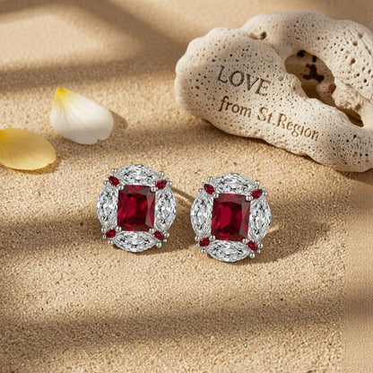 Red Radiant and Marquise Crystal Silvertone Oval Stud Earrings, cubic zirconia stud earrings for women, lifestyle look