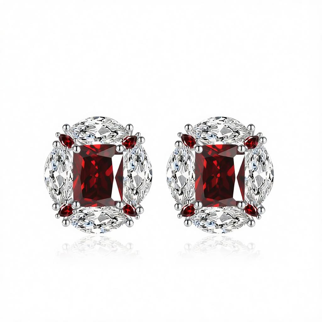 Red Radiant and Marquise Crystal Silvertone Oval Stud Earrings, cubic zirconia stud earrings for women, side view