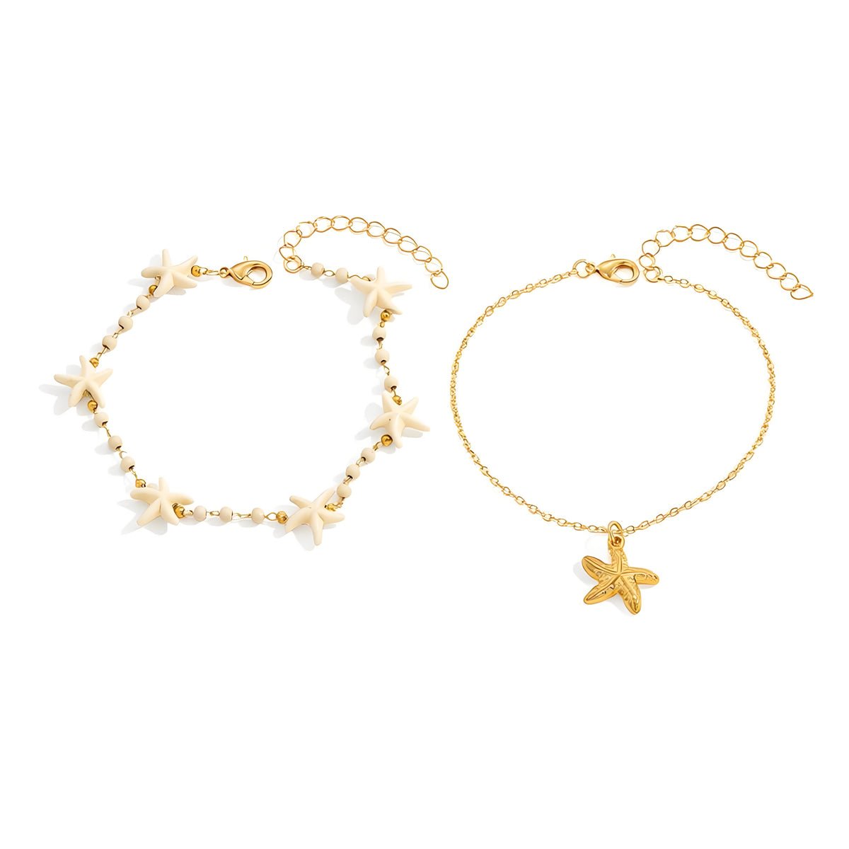Resin & Goldtone Beads Chain Starfish Charm Anklet Set - Street Region