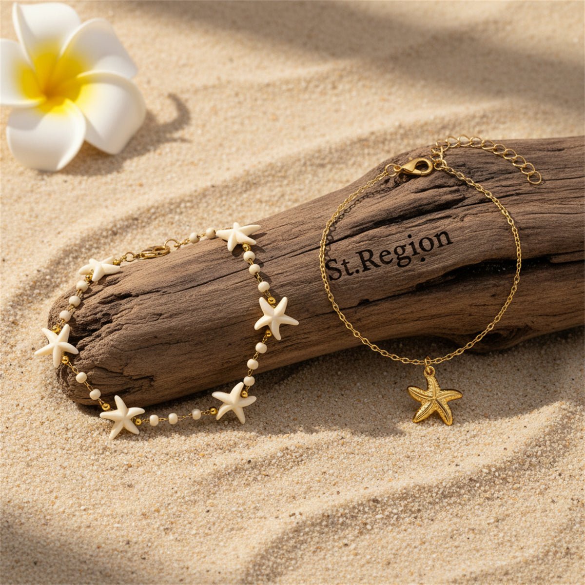 Resin & Goldtone Beads Chain Starfish Charm Anklet Set - Street Region