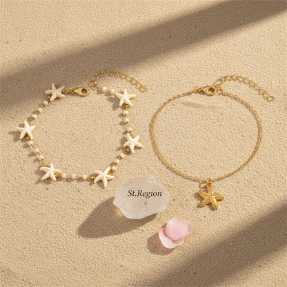 Resin & Goldtone Beads Chain Starfish Charm Anklet Set - Street Region