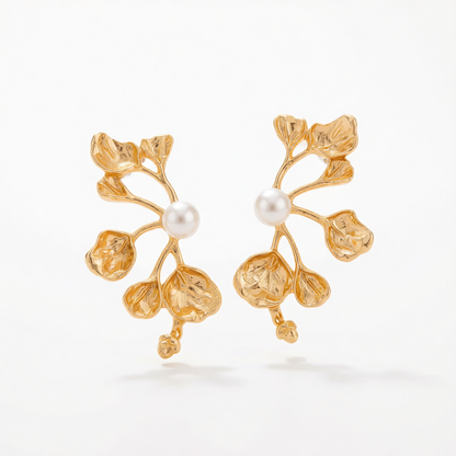 Pearl & Goldtone Plum Blossom Stud Earrings