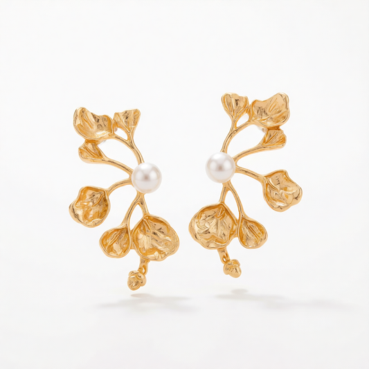 Pearl & Goldtone Plum Blossom Stud Earrings