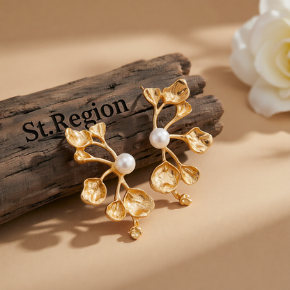 Pearl & Goldtone Plum Blossom Stud Earrings