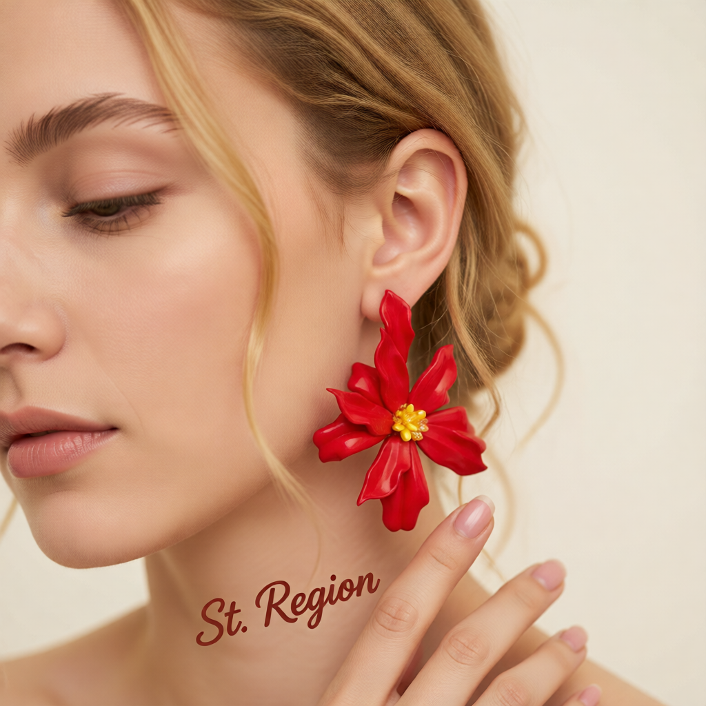 Colored Acrylic & Red Resin Goldtone Flower Statement Earrings