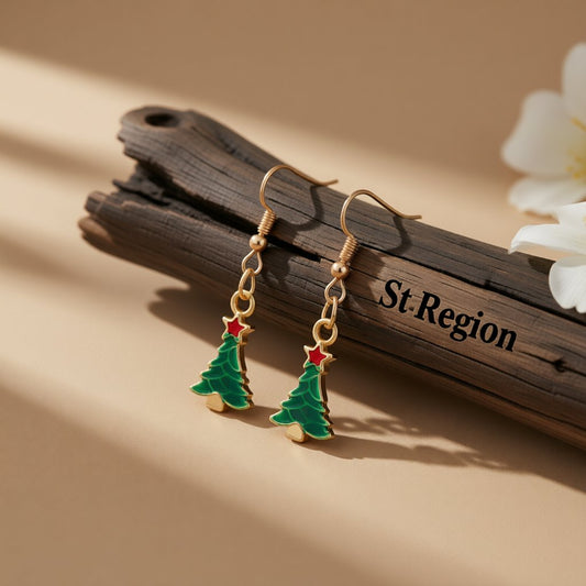 Green and 18K Gold-Plated Christmas Tree Drop Earrings, gold drop earrings for women, dainty minimalist design, front view