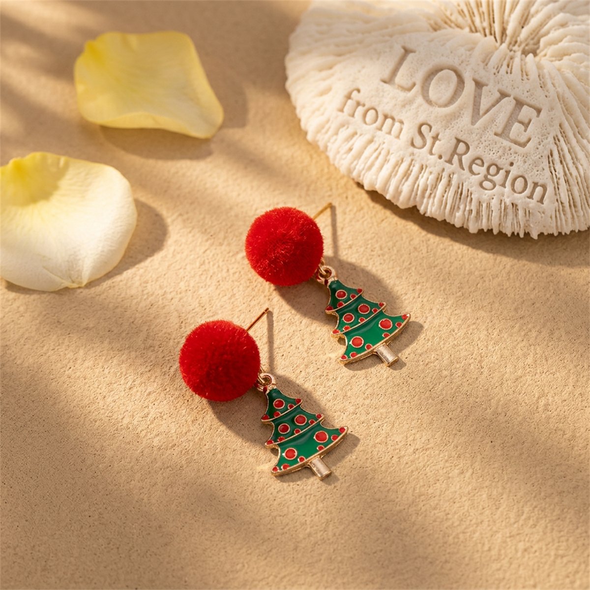 Red Pom-Pom and 18K Gold-Plated Christmas Tree Drop Earrings, gold drop earrings for women, lifestyle look